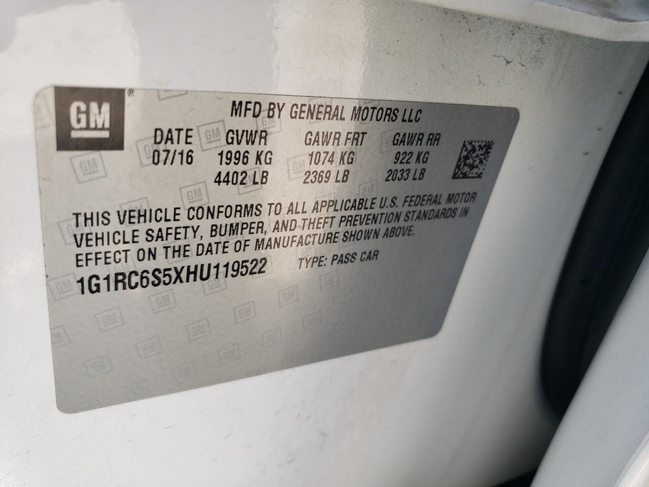 2017 Chevrolet Volt Lt VIN: 1G1RC6S5XHU119522 Lot: 65134345