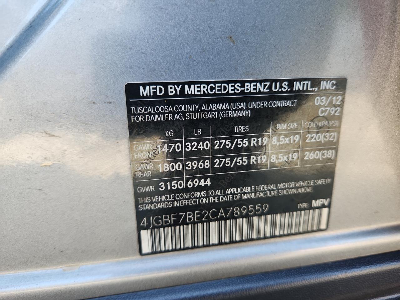 2012 Mercedes-Benz Gl 450 4Matic VIN: 4JGBF7BE2CA789559 Lot: 65902055