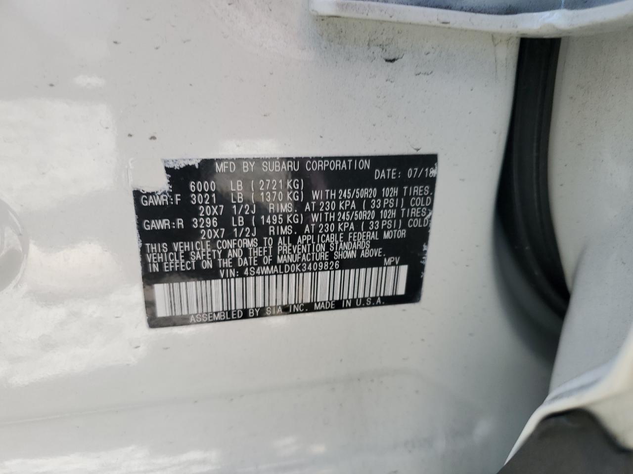 2019 Subaru Ascent Limited VIN: 4S4WMALD0K3409826 Lot: 60878055