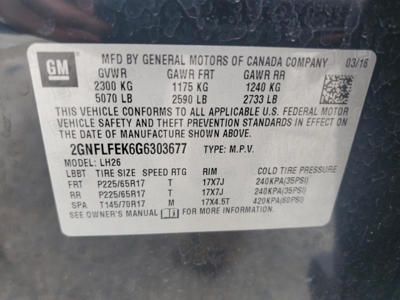 2016 Chevrolet Equinox Lt VIN: 2GNFLFEK6G6303677 Lot: 64774205
