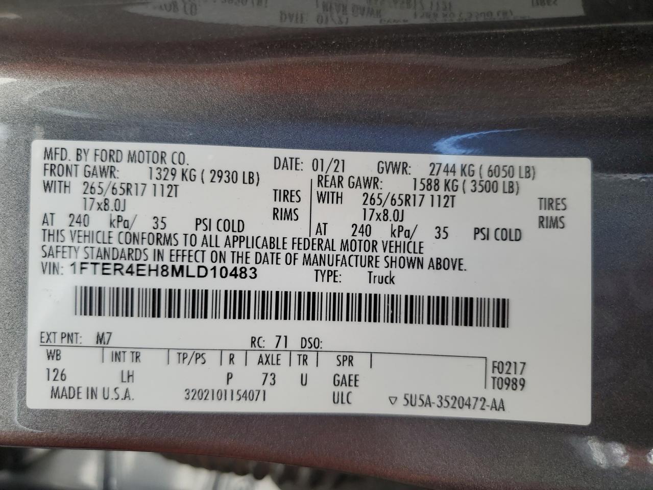 2021 Ford Ranger Xl VIN: 1FTER4EH8MLD10483 Lot: 63878815