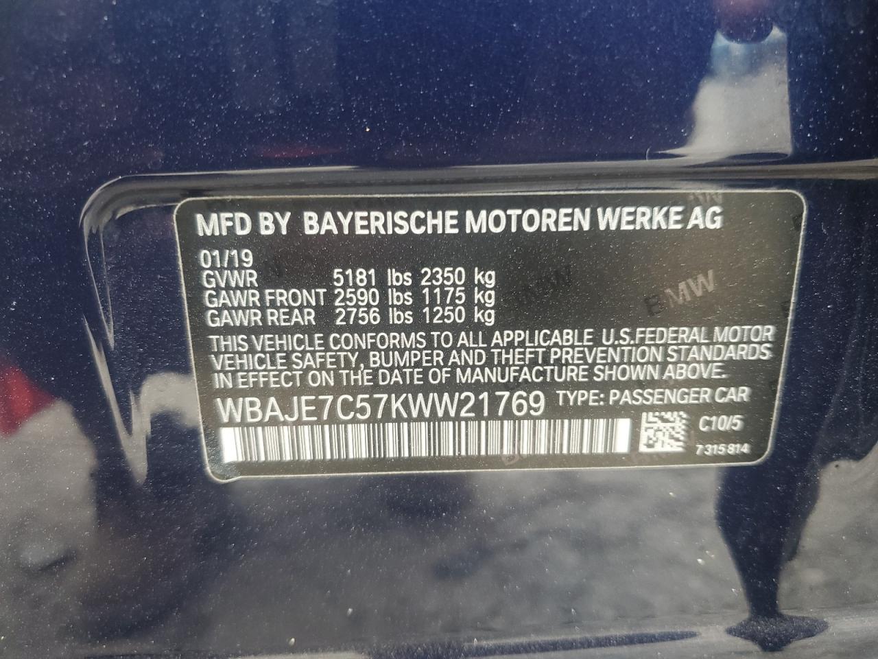 2019 BMW 540 Xi VIN: WBAJE7C57KWW21769 Lot: 62819985