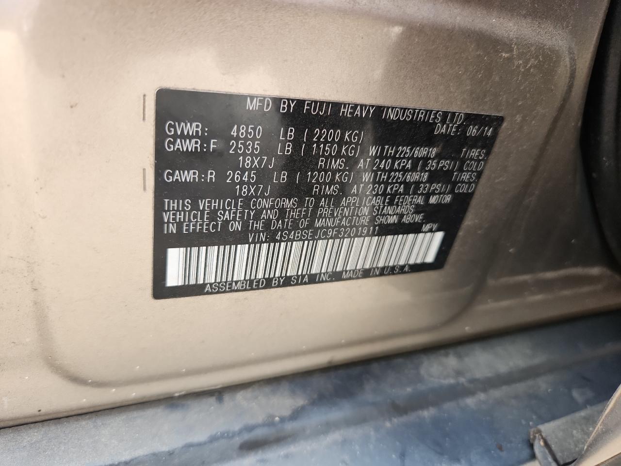 2015 Subaru Outback 3.6R Limited VIN: 4S4BSEJC9F3201911 Lot: 63628425