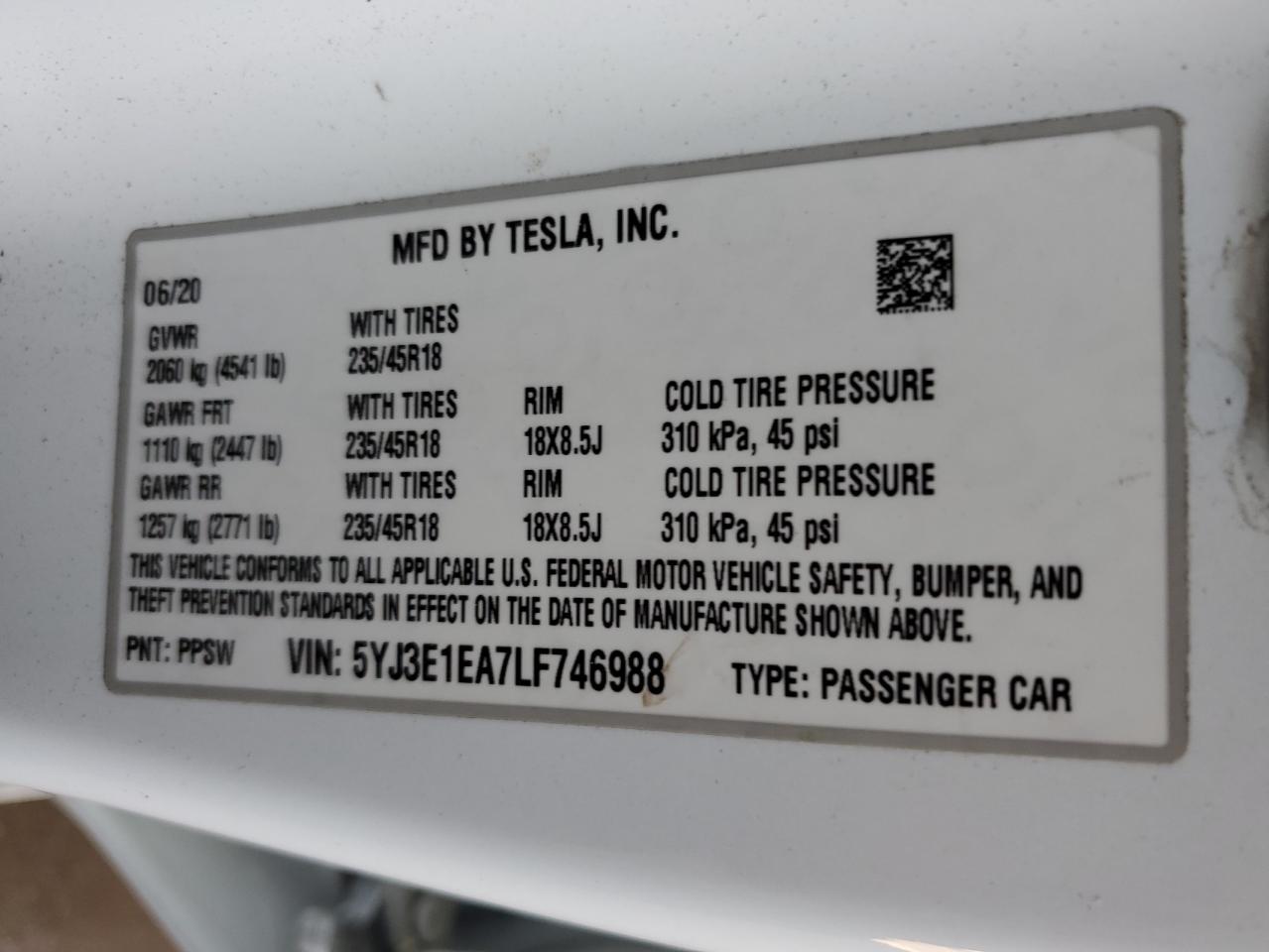 2020 Tesla Model 3 VIN: 5YJ3E1EA7LF746988 Lot: 64685465