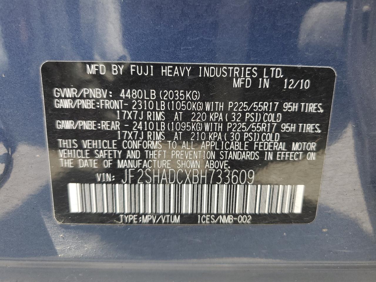 2011 Subaru Forester 2.5X Premium VIN: JF2SHADCXBH733609 Lot: 63343215