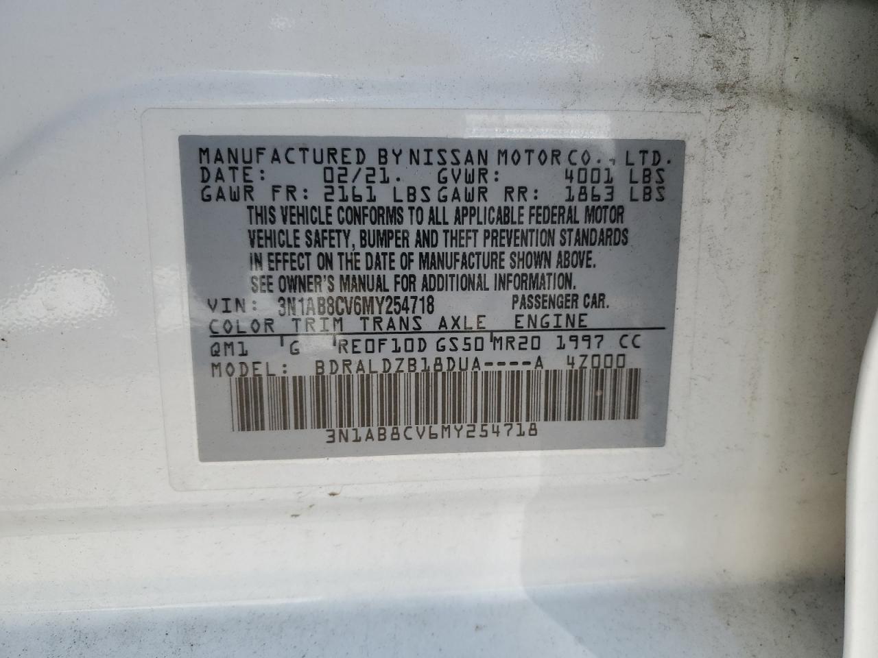 2021 Nissan Sentra Sv VIN: 3N1AB8CV6MY254718 Lot: 65218615
