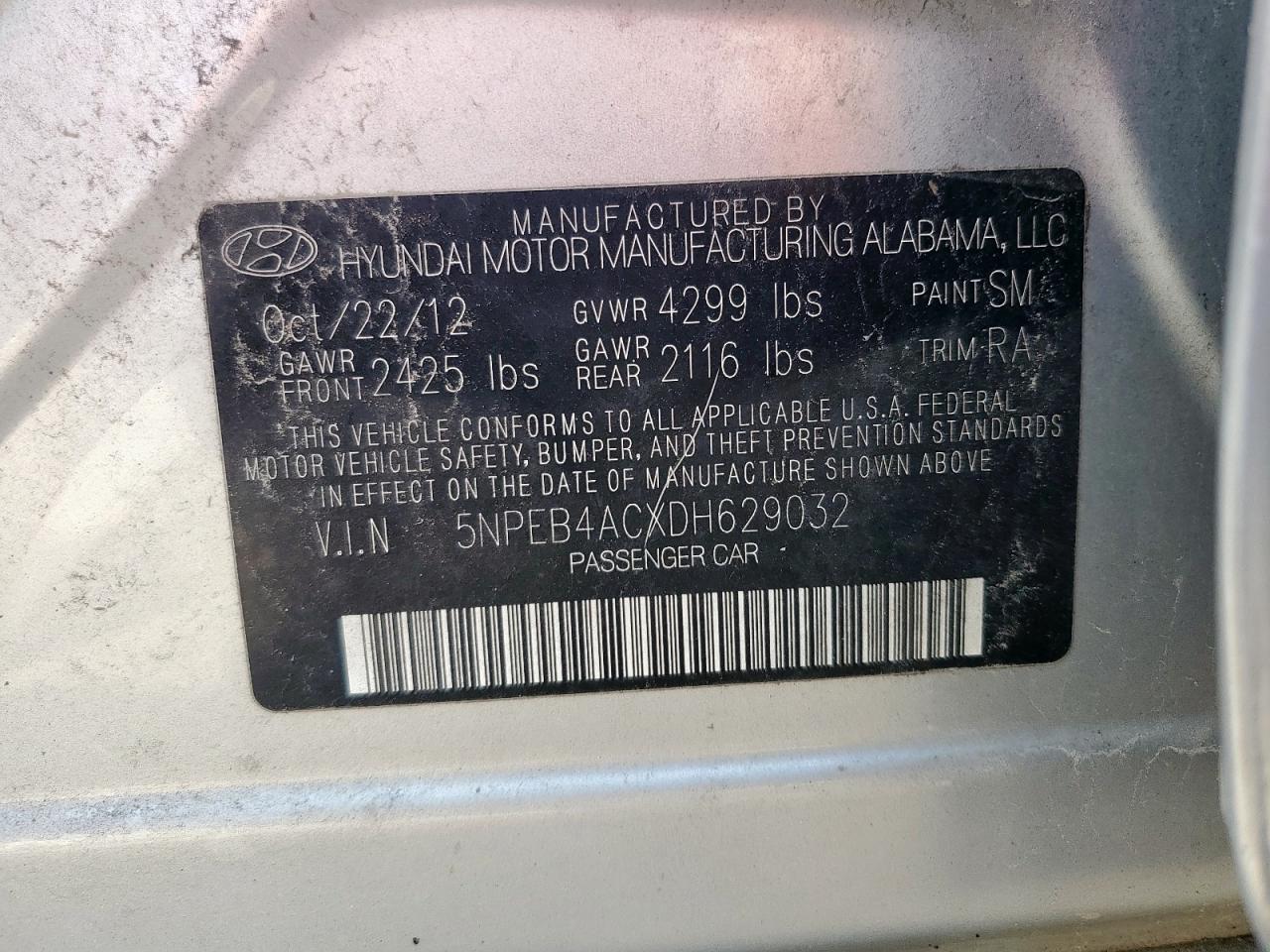 2013 Hyundai Sonata Gls VIN: 5NPEB4ACXDH629032 Lot: 63272195