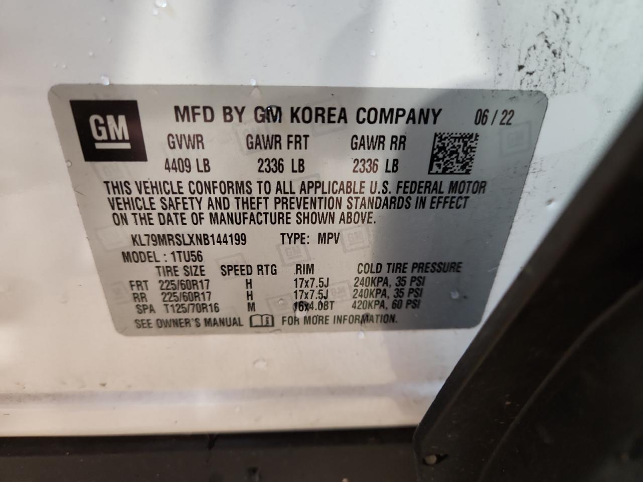 2022 Chevrolet Trailblazer Lt VIN: KL79MRSLXNB144199 Lot: 64103975