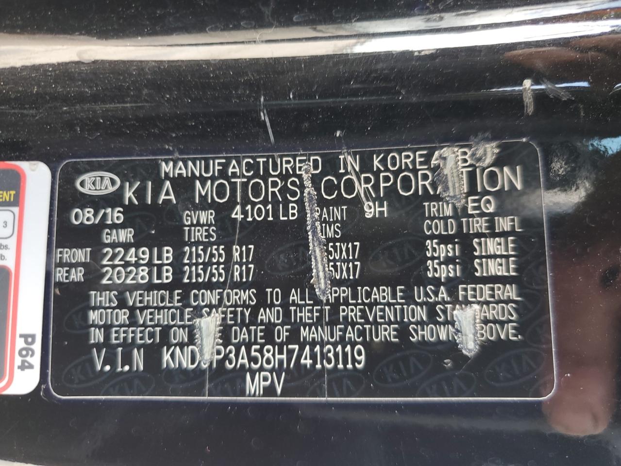 2017 Kia Soul + VIN: KNDJP3A58H7413119 Lot: 62850045