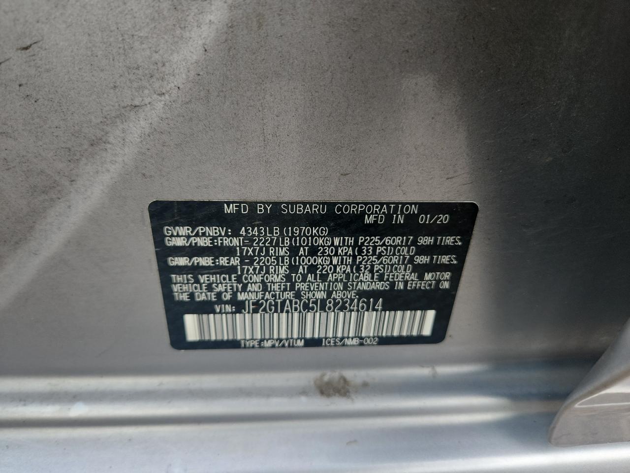 2020 Subaru Crosstrek VIN: JF2GTABC5L8234614 Lot: 63391245