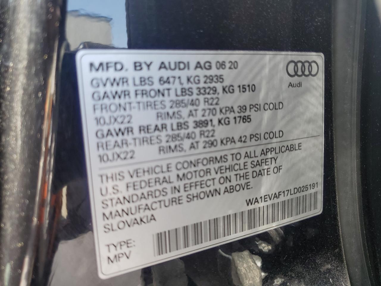 2020 Audi Q8 Premium Plus S-Line VIN: WA1EVAF17LD025191 Lot: 61496485