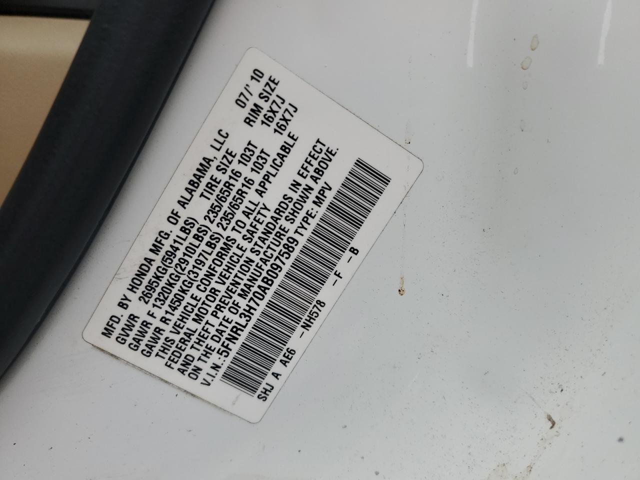 2010 Honda Odyssey Exl VIN: 5FNRL3H70AB097589 Lot: 64821215