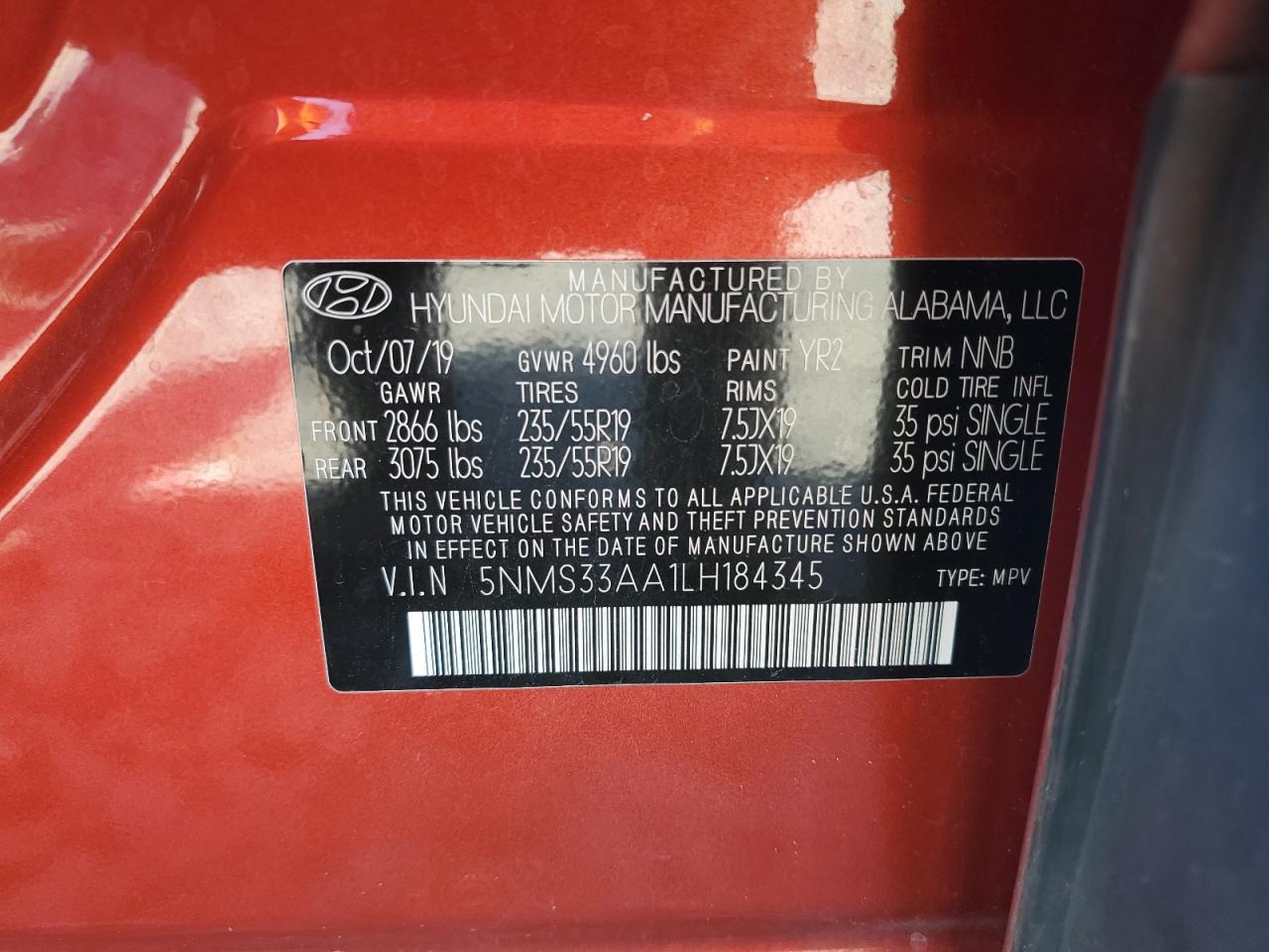 2020 Hyundai Santa Fe Sel VIN: 5NMS33AA1LH184345 Lot: 64831975