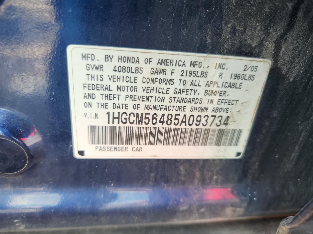 2005 Honda Accord Lx VIN: 1HGCM56485A093734 Lot: 64957725