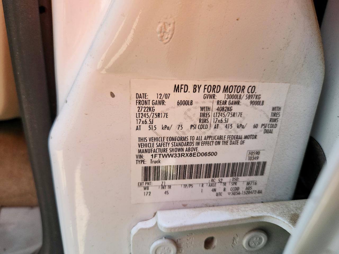 2008 Ford F350 Super Duty VIN: 1FTWW33RX8ED06500 Lot: 64253995