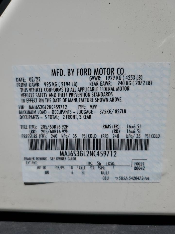 2022 Ford Ecosport Se VIN: MAJ6S3GL2NC459712 Lot: 63613675