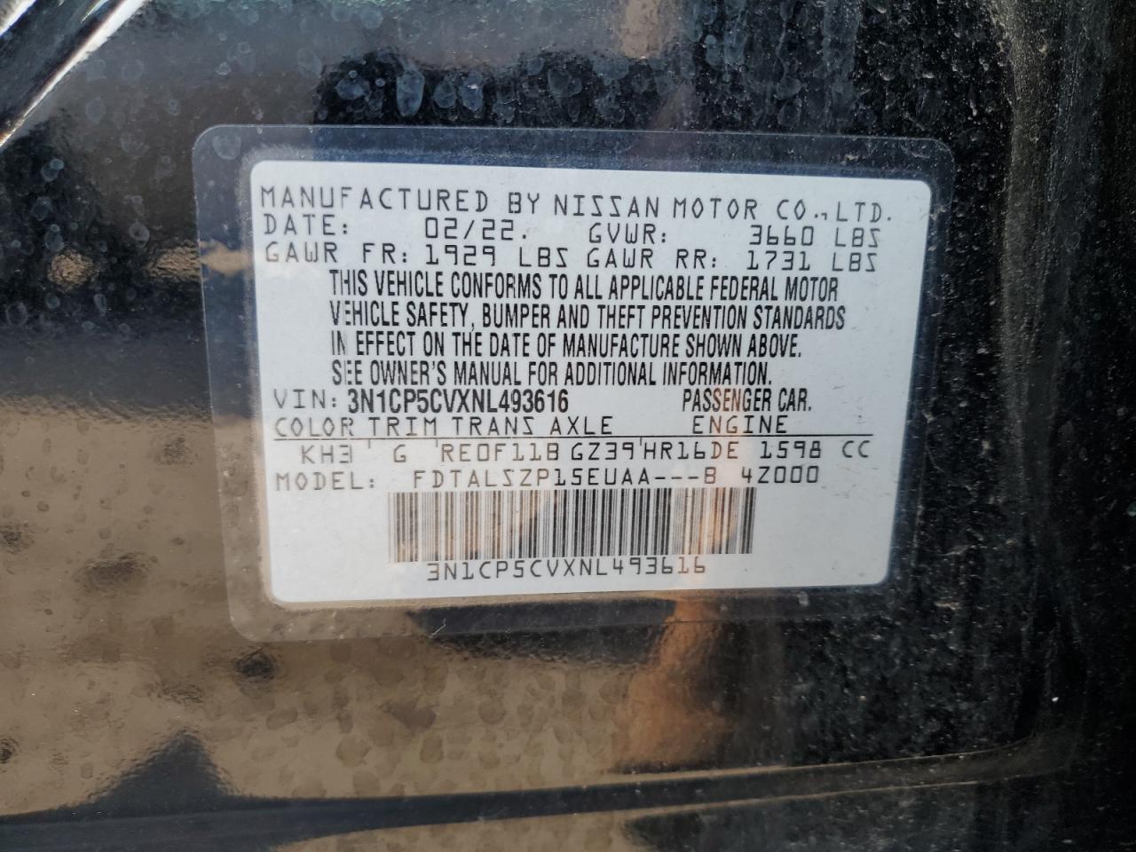 2022 Nissan Kicks Sv VIN: 3N1CP5CVXNL493616 Lot: 62878985