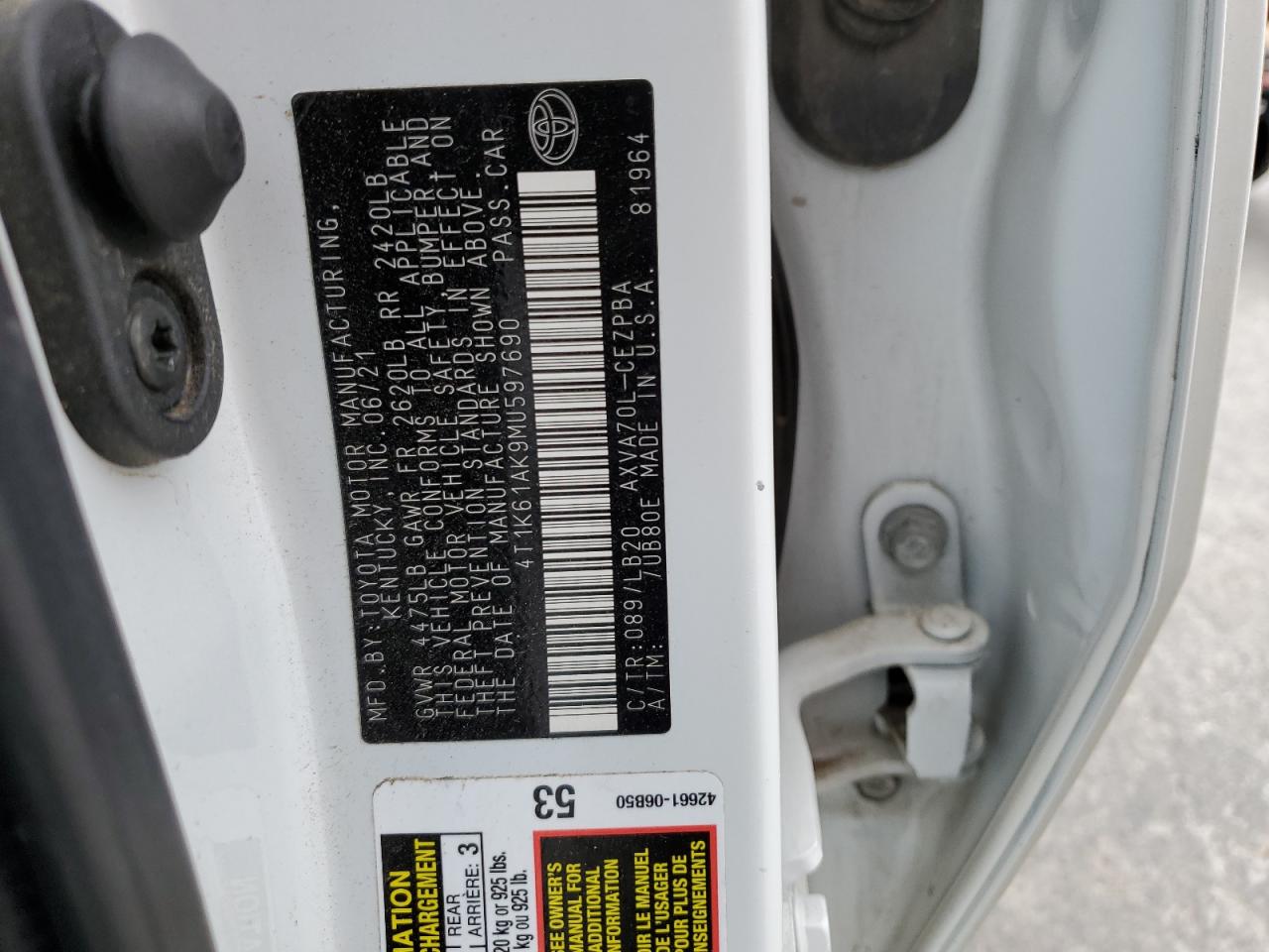 2021 Toyota Camry Xse VIN: 4T1K61AK9MU597690 Lot: 63305705