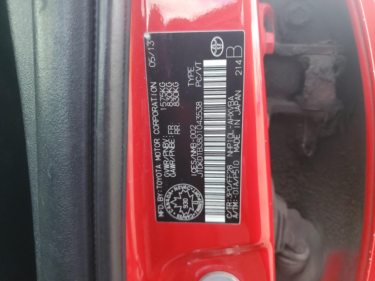 2013 Toyota Prius C VIN: JTDKDTB38D1043538 Lot: 65220835