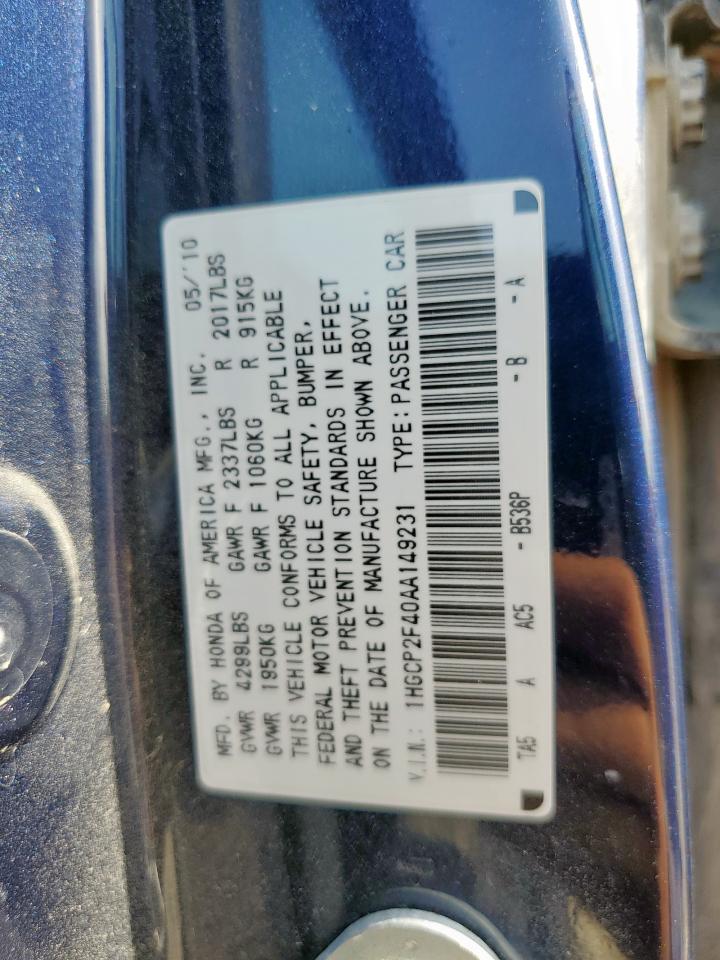 2010 Honda Accord Lxp VIN: 1HGCP2F40AA149231 Lot: 64272185