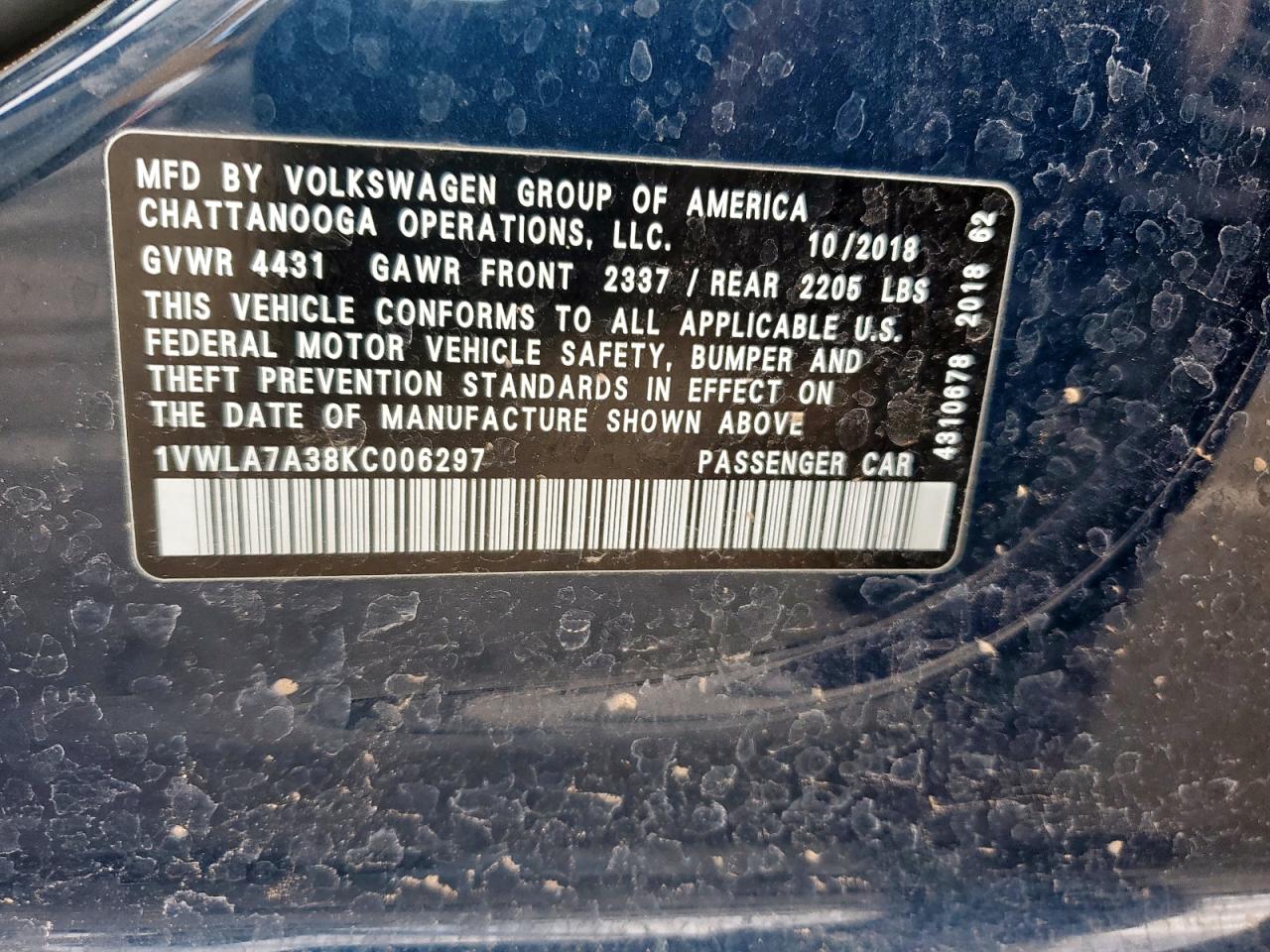 2019 Volkswagen Passat Wolfsburg VIN: 1VWLA7A38KC006297 Lot: 63166215