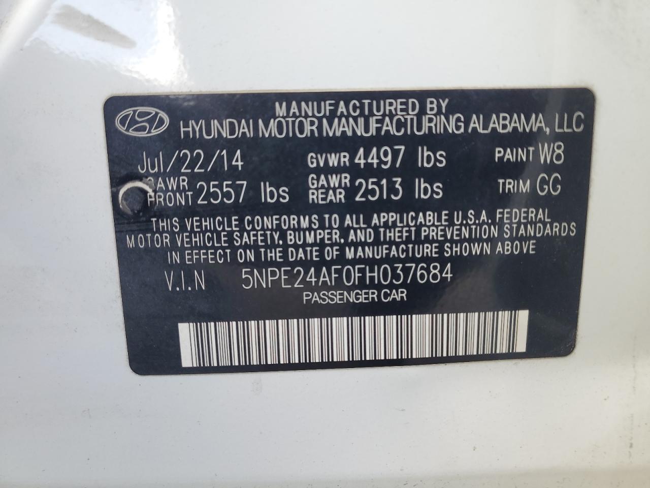 2015 Hyundai Sonata Se VIN: 5NPE24AF0FH037684 Lot: 65011075