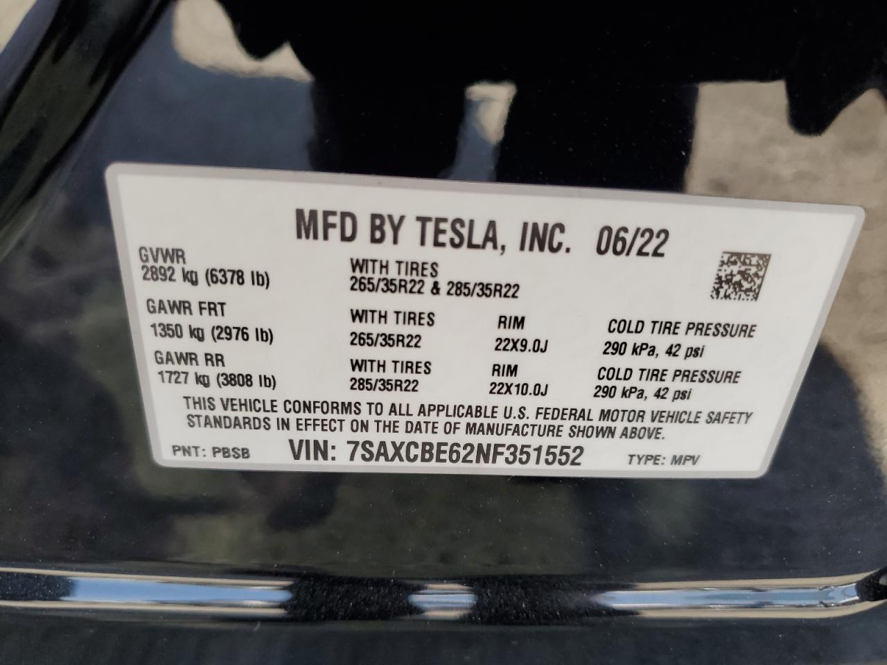 2022 Tesla Model X VIN: 7SAXCBE62NF351552 Lot: 62916755