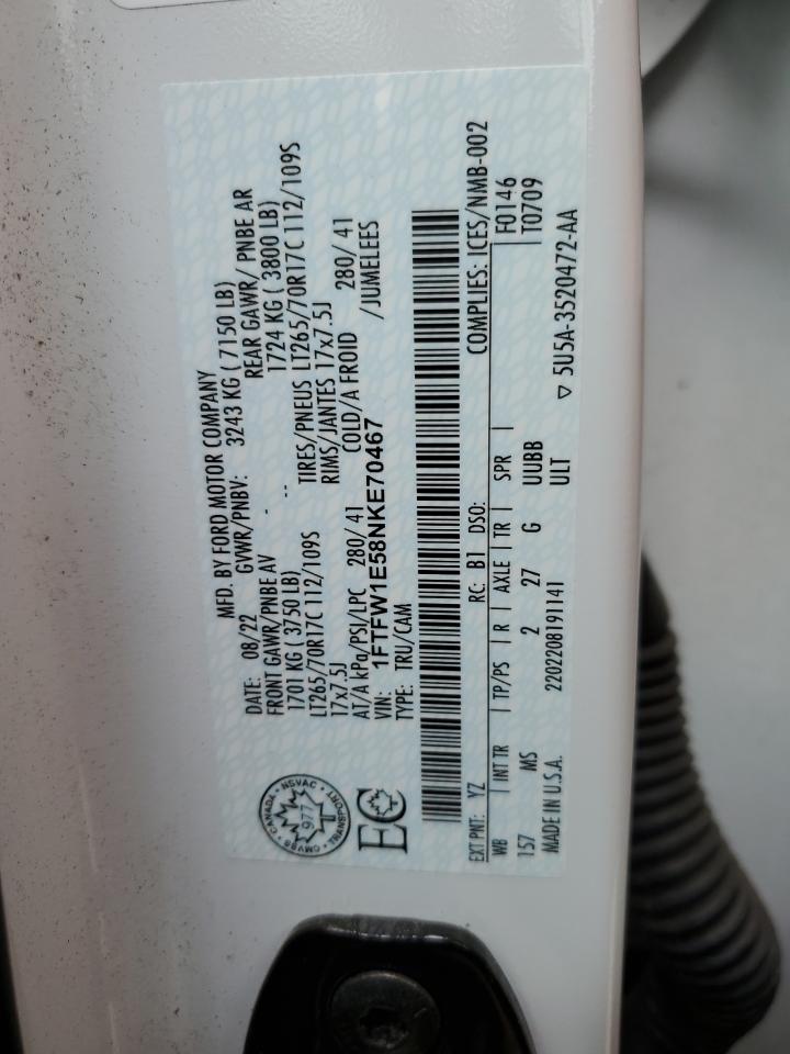 2022 Ford F150 Supercrew VIN: 1FTFW1E58NKE70467 Lot: 63563365