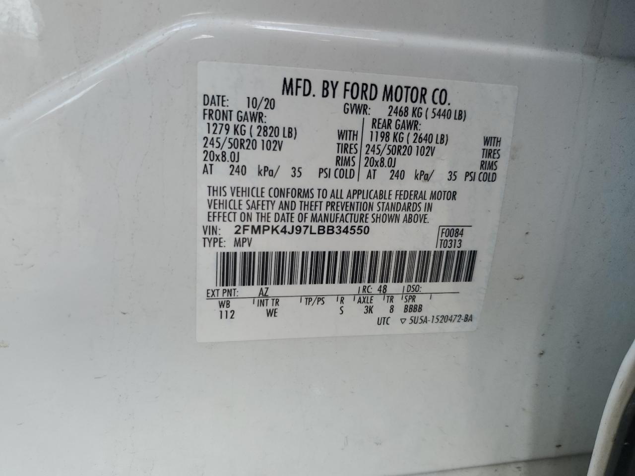 2020 Ford Edge Sel VIN: 2FMPK4J97LBB34550 Lot: 63472895