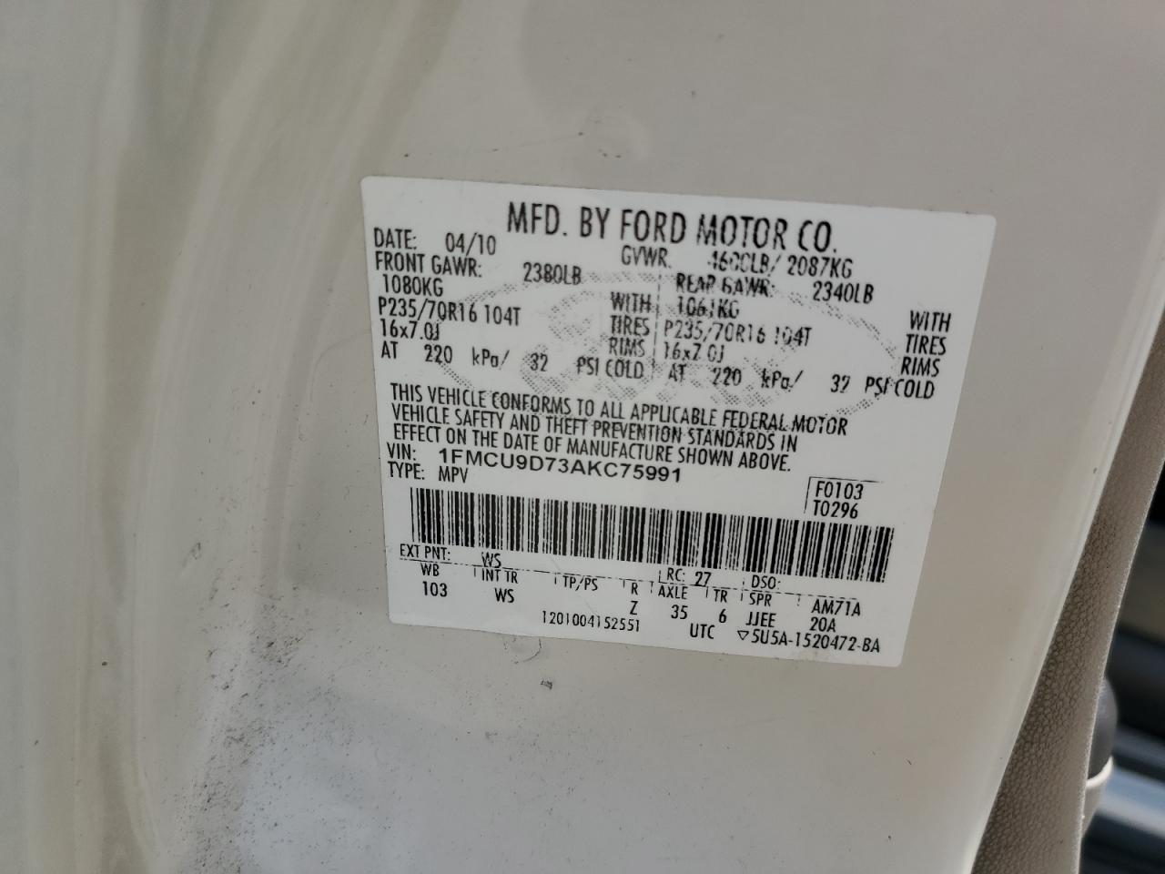 2010 Ford Escape Xlt VIN: 1FMCU9D73AKC75991 Lot: 65012175