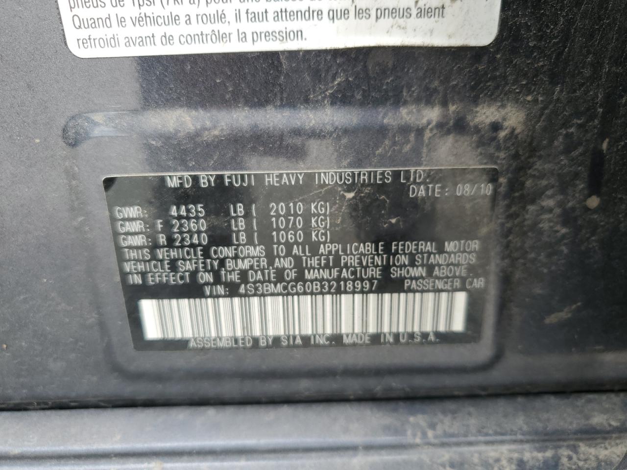 2011 Subaru Legacy 2.5I Premium VIN: 4S3BMCG60B3218997 Lot: 65268455