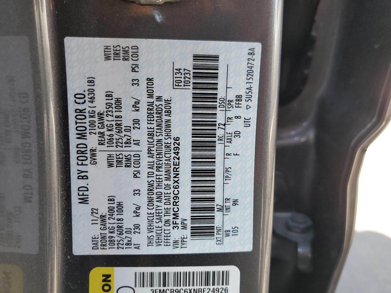 2022 Ford Bronco Sport Outer Banks VIN: 3FMCR9C6XNRE24926 Lot: 64102285