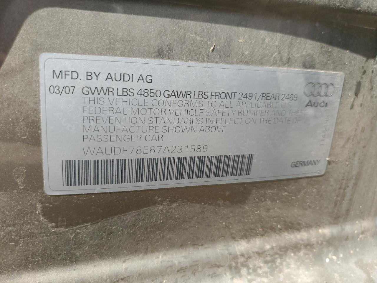2007 Audi A4 2.0T Quattro VIN: WAUDF78E67A231589 Lot: 65358925