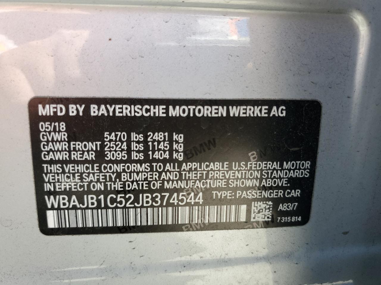 2018 BMW 530Xe VIN: WBAJB1C52JB374544 Lot: 64497885
