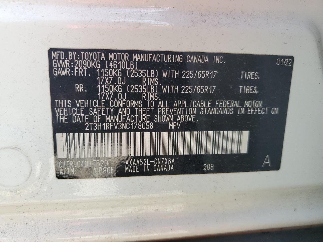 2022 Toyota Rav4 Le VIN: 2T3H1RFV3NC178058 Lot: 66222325