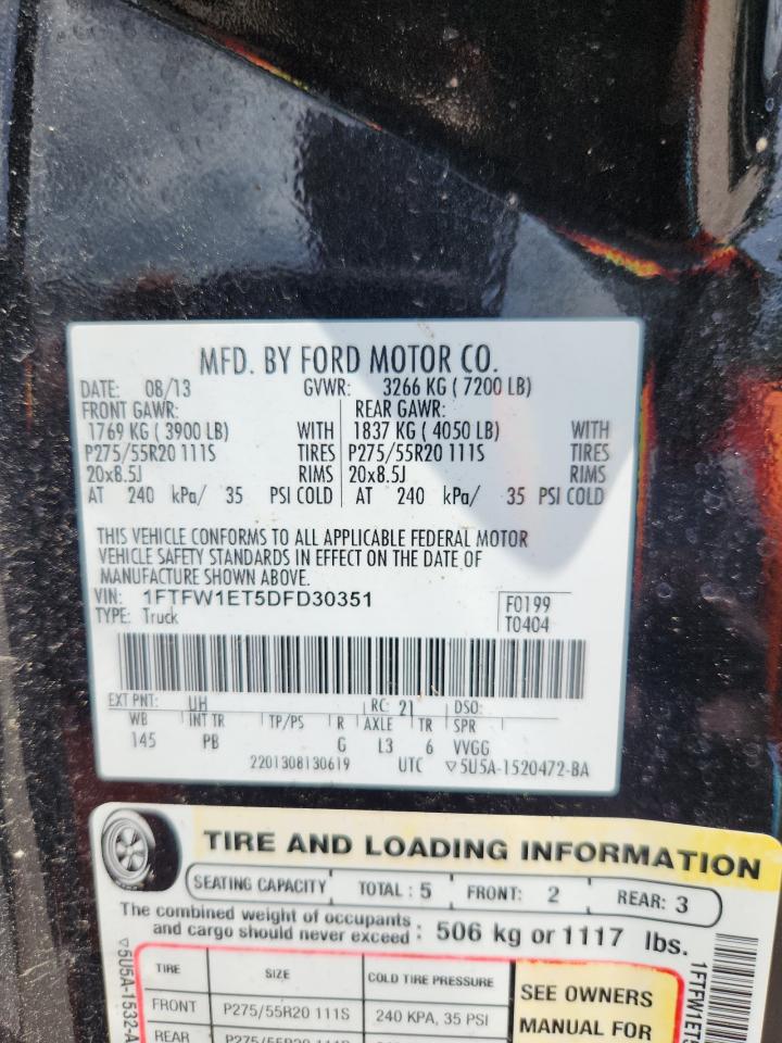 2013 Ford F150 Supercrew VIN: 1FTFW1ET5DFD30351 Lot: 64323275