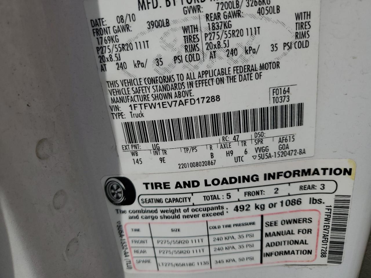 2010 Ford F150 Supercrew VIN: 1FTFW1EV7AFD17288 Lot: 64787115
