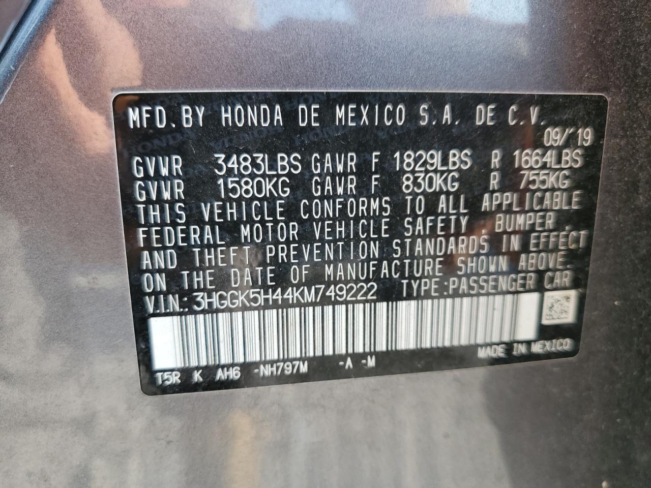 2019 Honda Fit Lx VIN: 3HGGK5H44KM749222 Lot: 66289575