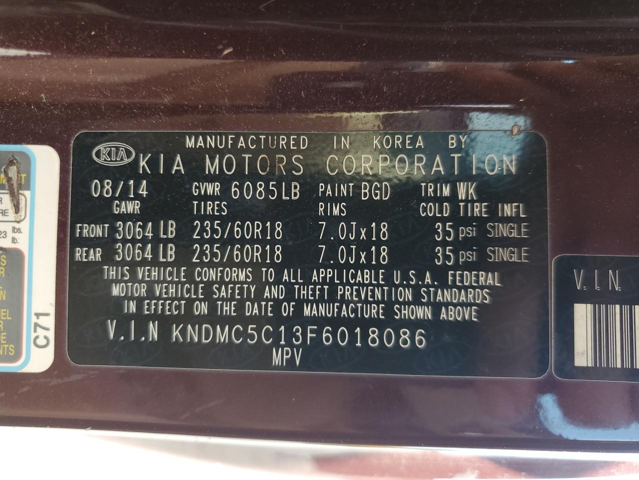 2015 Kia Sedona Ex VIN: KNDMC5C13F6018086 Lot: 65426145