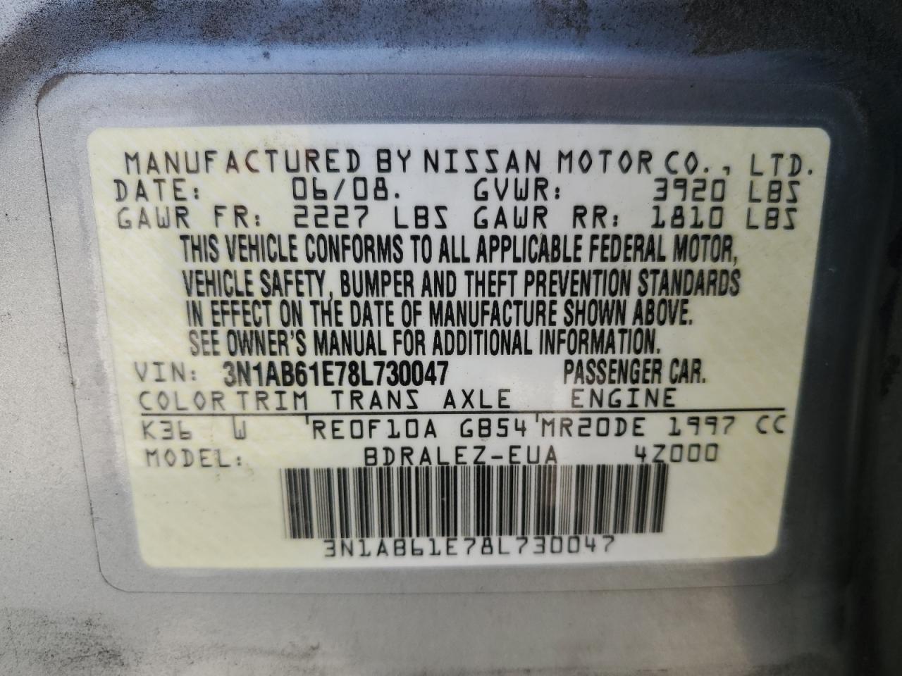 2008 Nissan Sentra 2.0 VIN: 3N1AB61E78L730047 Lot: 63679985