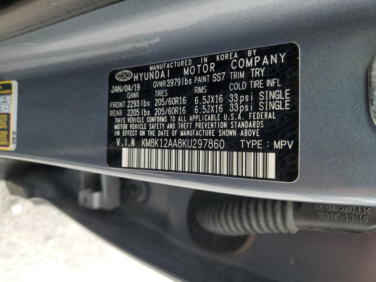 2019 Hyundai Kona Se VIN: KM8K12AA8KU297860 Lot: 63847295