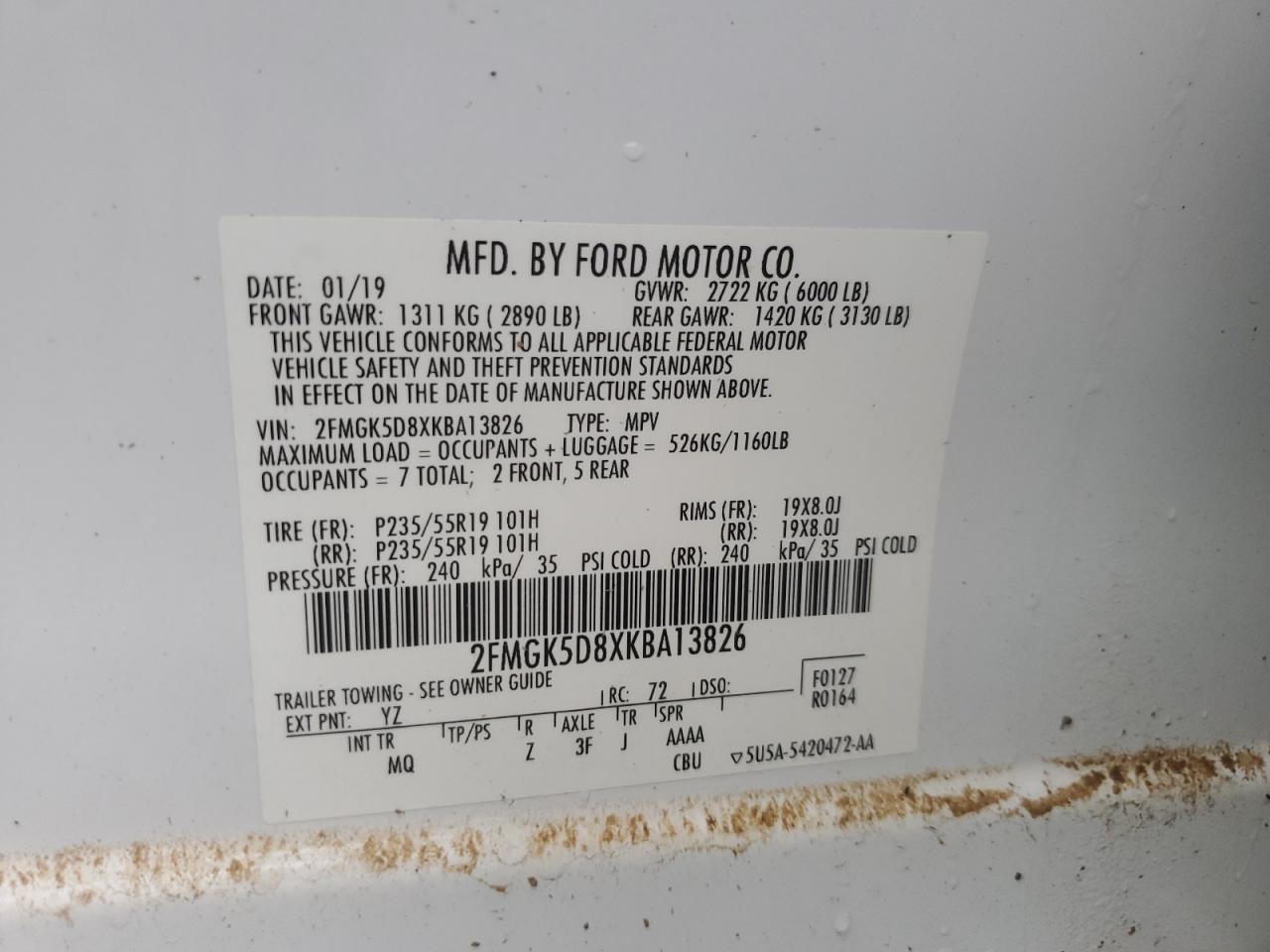 2019 Ford Flex Limited VIN: 2FMGK5D8XKBA13826 Lot: 64335855