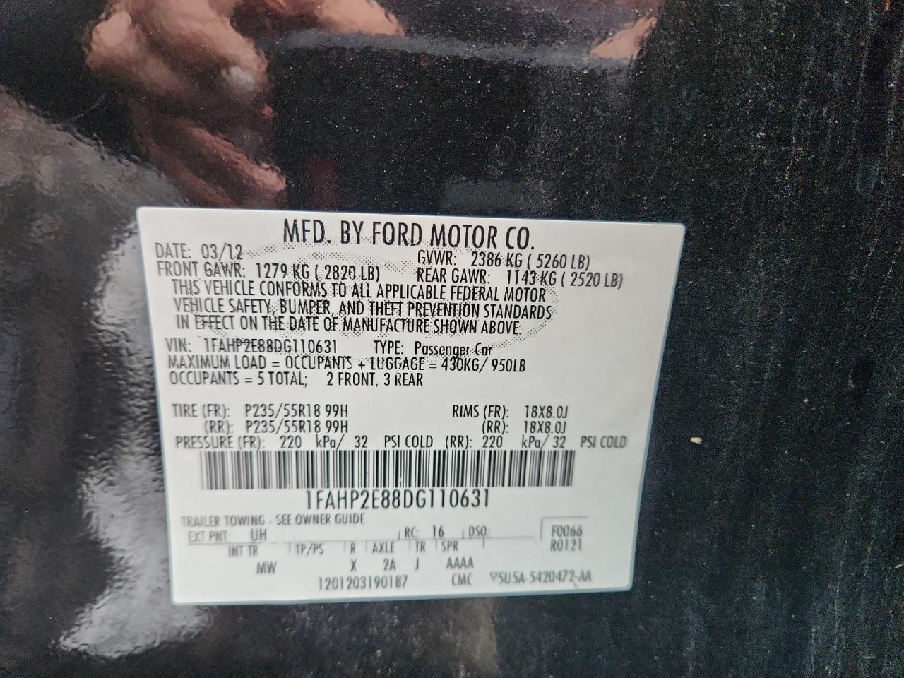 2013 Ford Taurus Sel VIN: 1FAHP2E88DG110631 Lot: 64243245