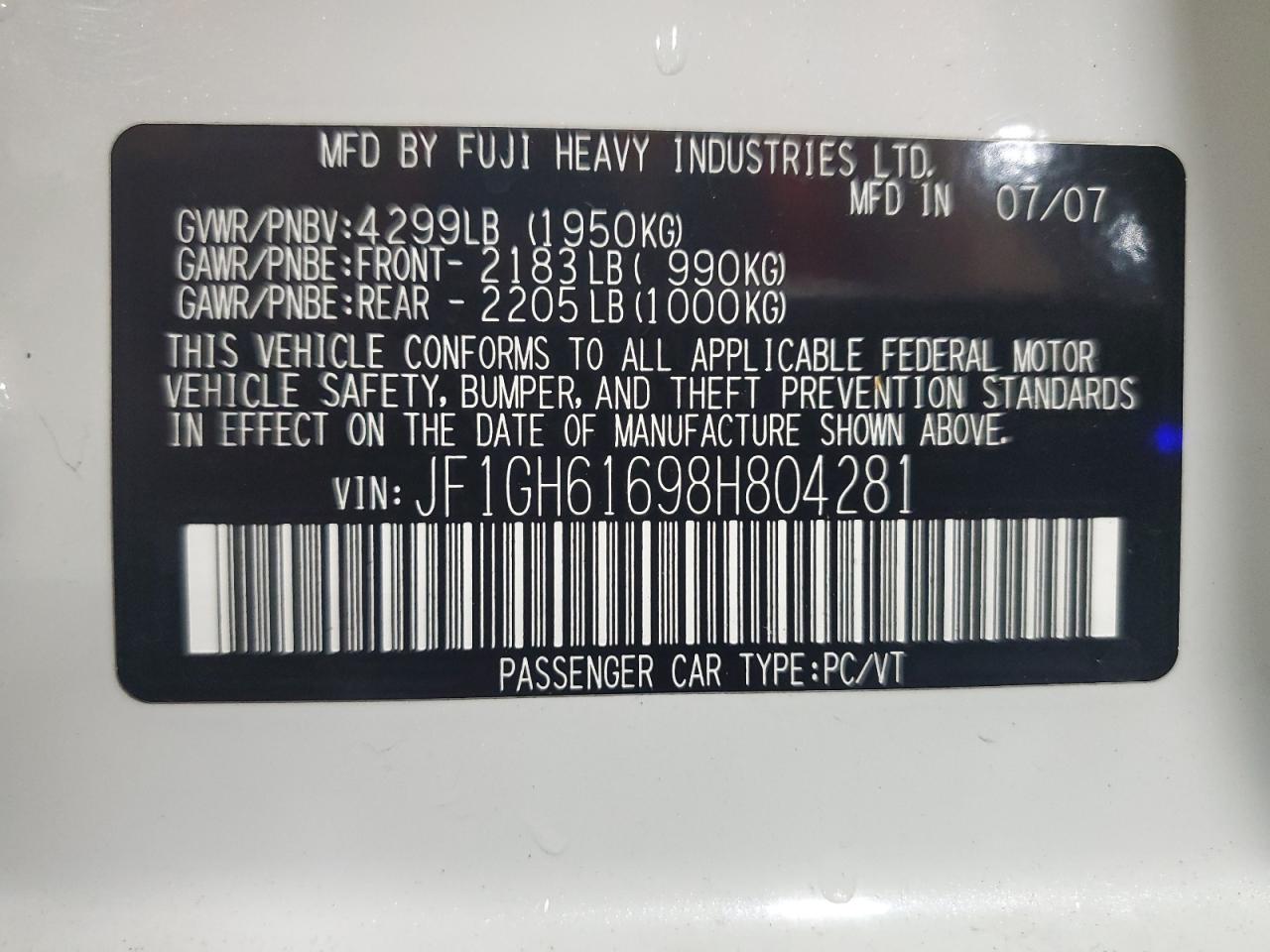 2008 Subaru Impreza 2.5I VIN: JF1GH61698H804281 Lot: 64045585
