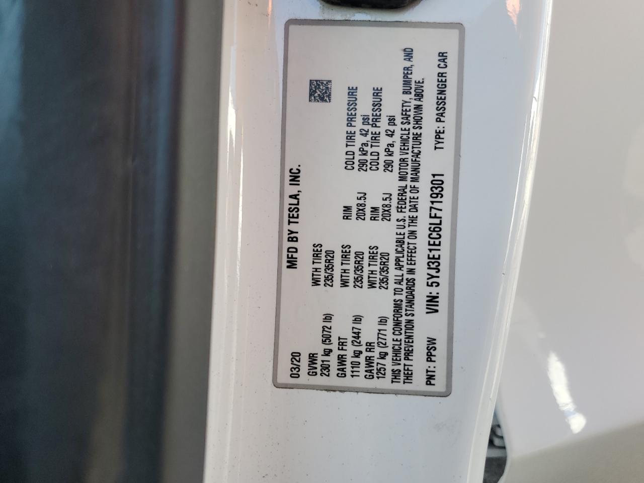 2020 Tesla Model 3 VIN: 5YJ3E1EC6LF719301 Lot: 67235025