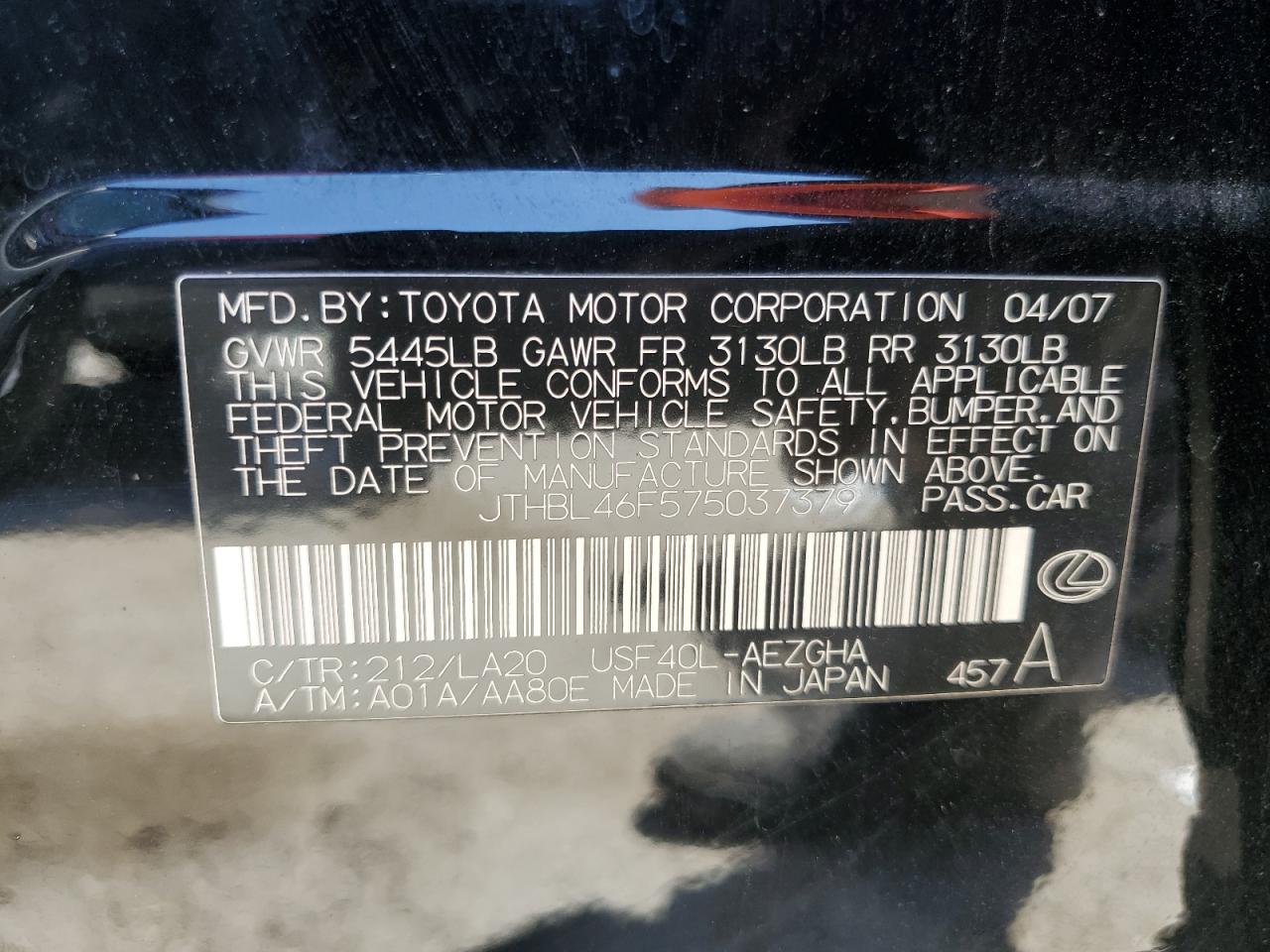 2007 Lexus Ls 460 VIN: JTHBL46F575037379 Lot: 64046165