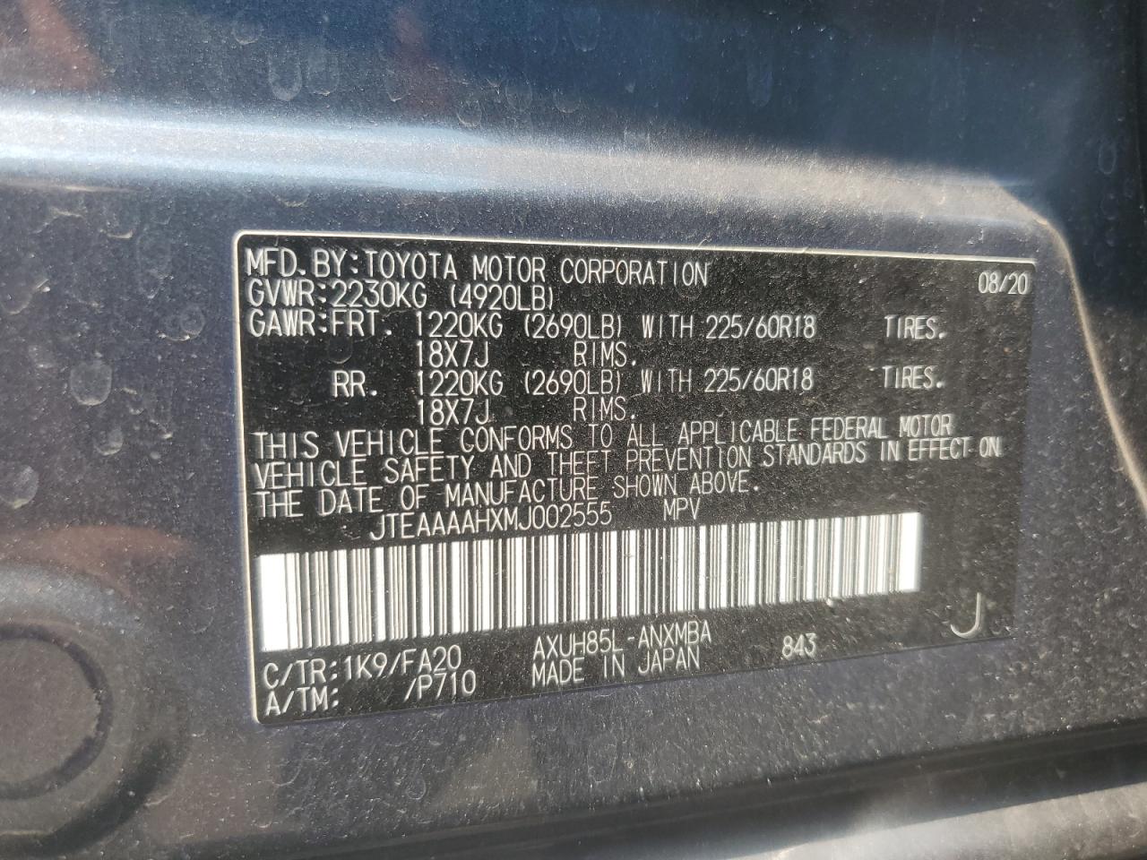2021 Toyota Venza Le VIN: JTEAAAAHXMJ002555 Lot: 64608785