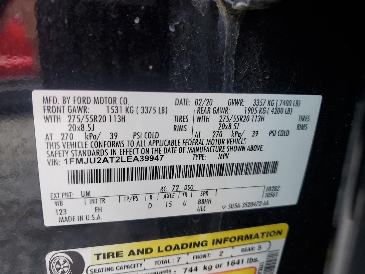 2020 Ford Expedition Limited VIN: 1FMJU2AT2LEA39947 Lot: 65132455