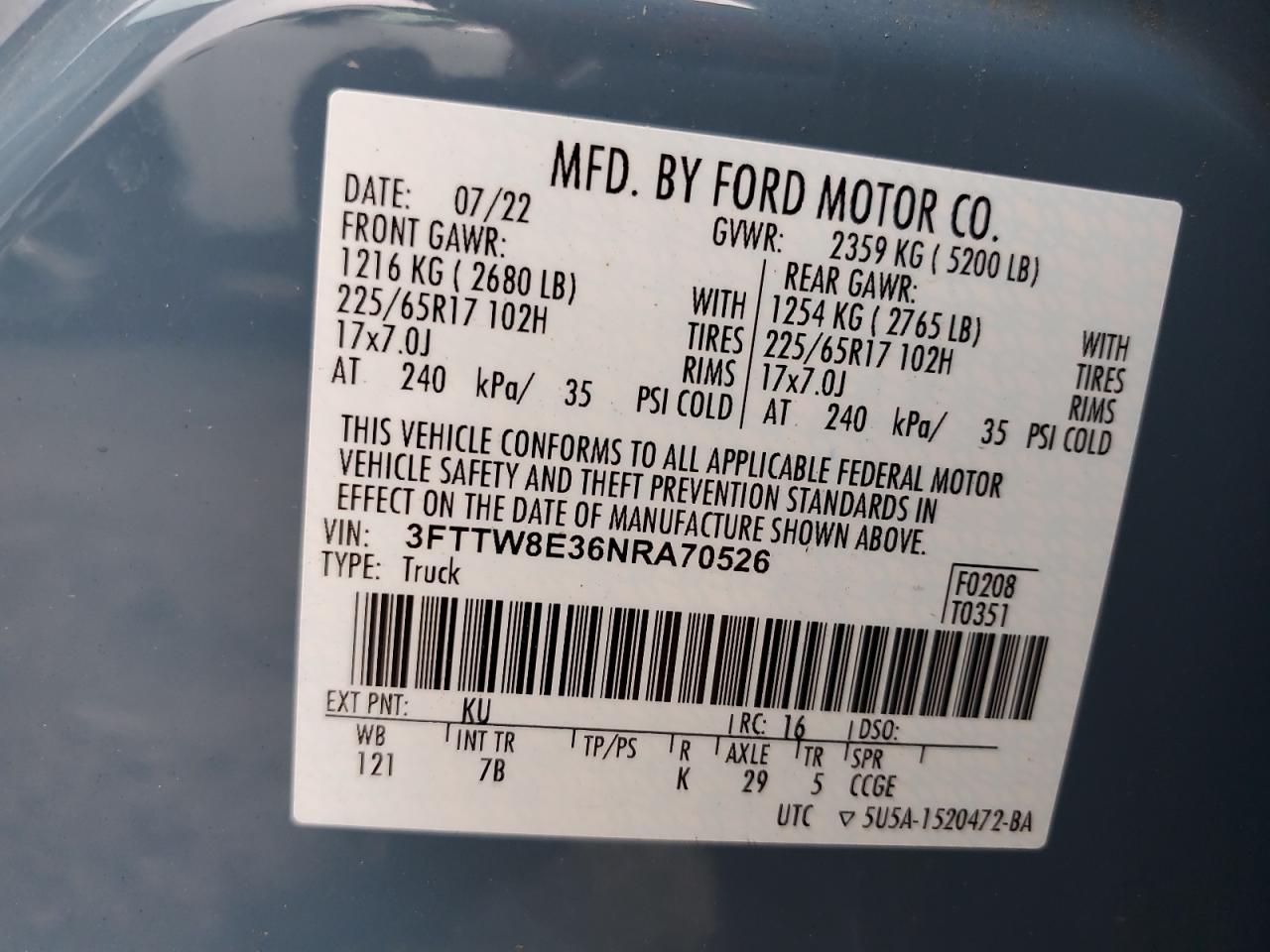 2022 Ford Maverick Xl VIN: 3FTTW8E36NRA70526 Lot: 64740335