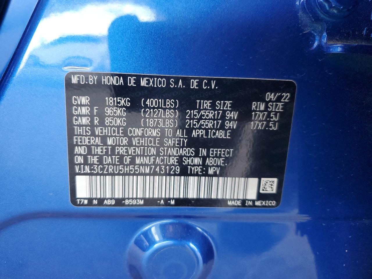2022 Honda Hr-V Ex VIN: 3CZRU5H55NM743129 Lot: 64315875